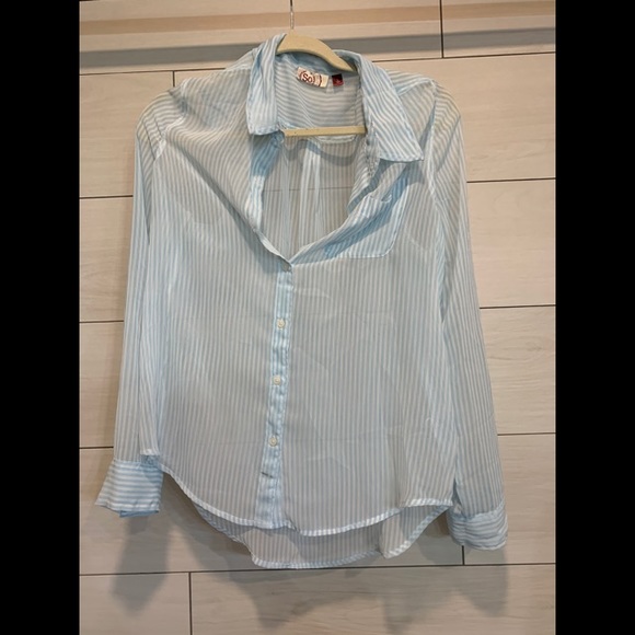 Semi-sheer Blue and White Striped Button Up - Picture 1 of 2